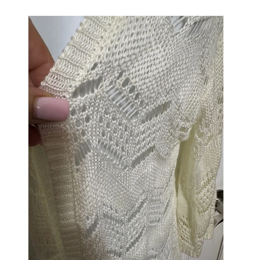 Joseph A Womens Cream Pointelle Knit Open Front Cardigan Chevron Sweater Medium - Picture 4 of 5